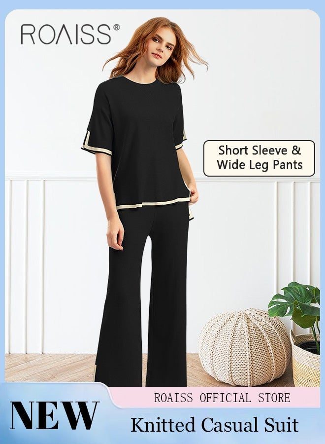 رويس ملابس نسائية من قطعتين، بدلة محبوكة كبيرة الحجم مع بلوزة قصيرة الأكمام وسروال واسع، طقم مريح للسيدات، مناسب للارتداء اليومي أو في المنزل أو في أي مناسبة غير رسمية - Image 4